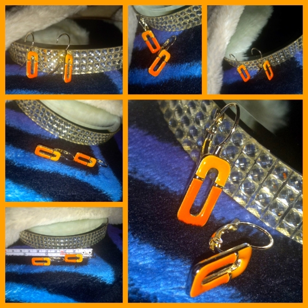 Vintage 2 tone Orange Rectangle Silver Hinge Back Earrings